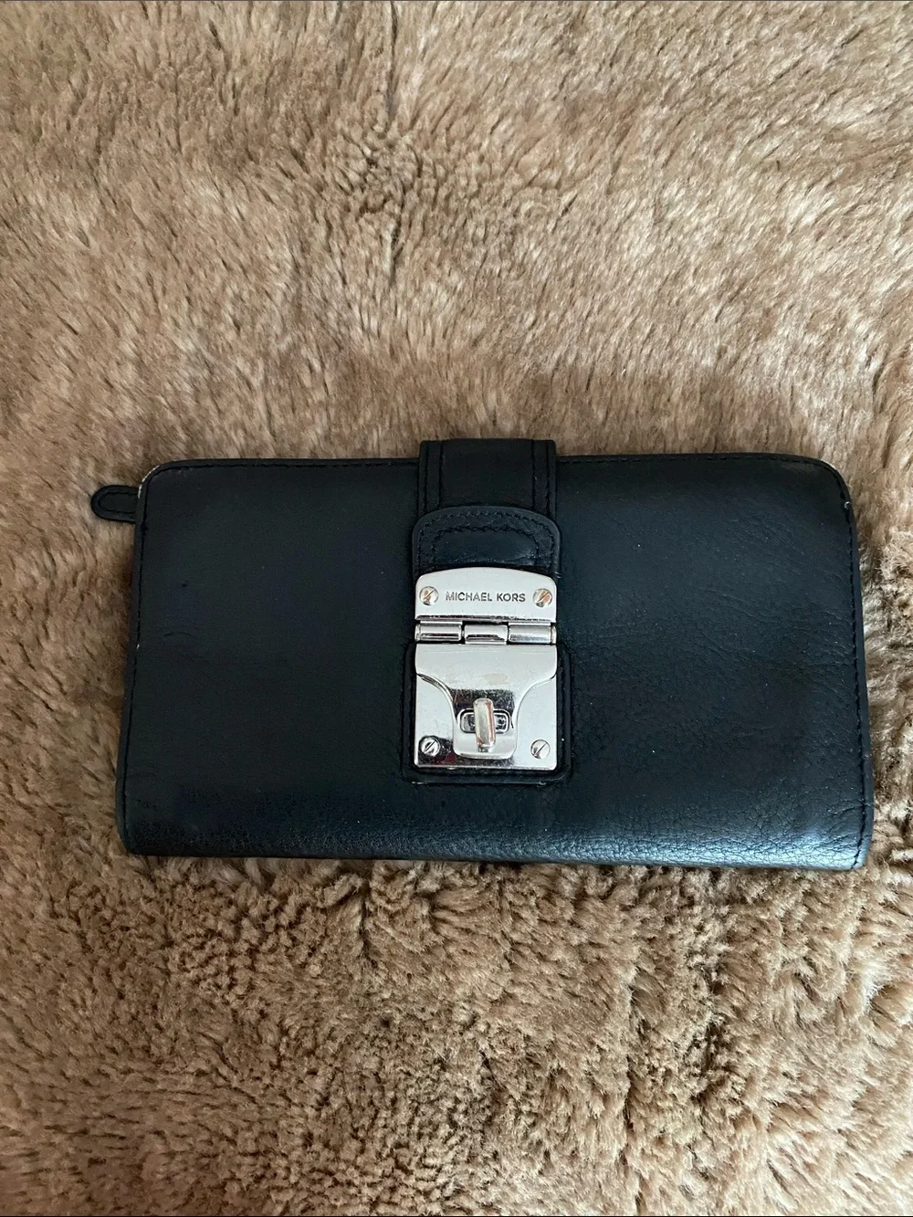 Michael Kors Black Leather Wallet with Silver-Tone Lock Detail